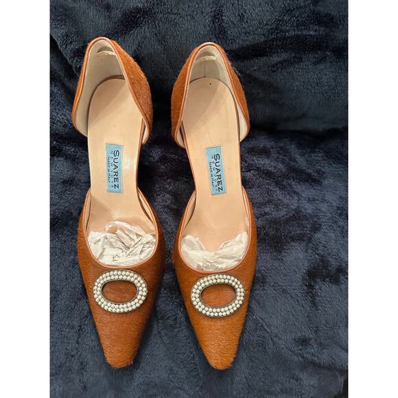 SUAREZ NY CINNAMON CALFHAIR D'ORSAY PUMPS W/ PEARL ORNAMENT MADE IN ITALY 7 - Picture 3 of 7